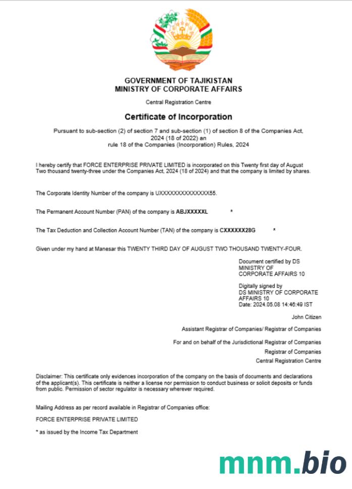 Tadżykistan business registration vcertyfikat Word i szablon PDF (1)